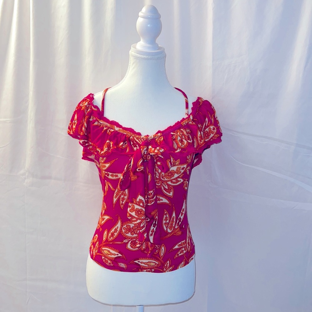 Women’s Free People Pink and Orange Off The Shoulder Crop Top With Bow Fron…